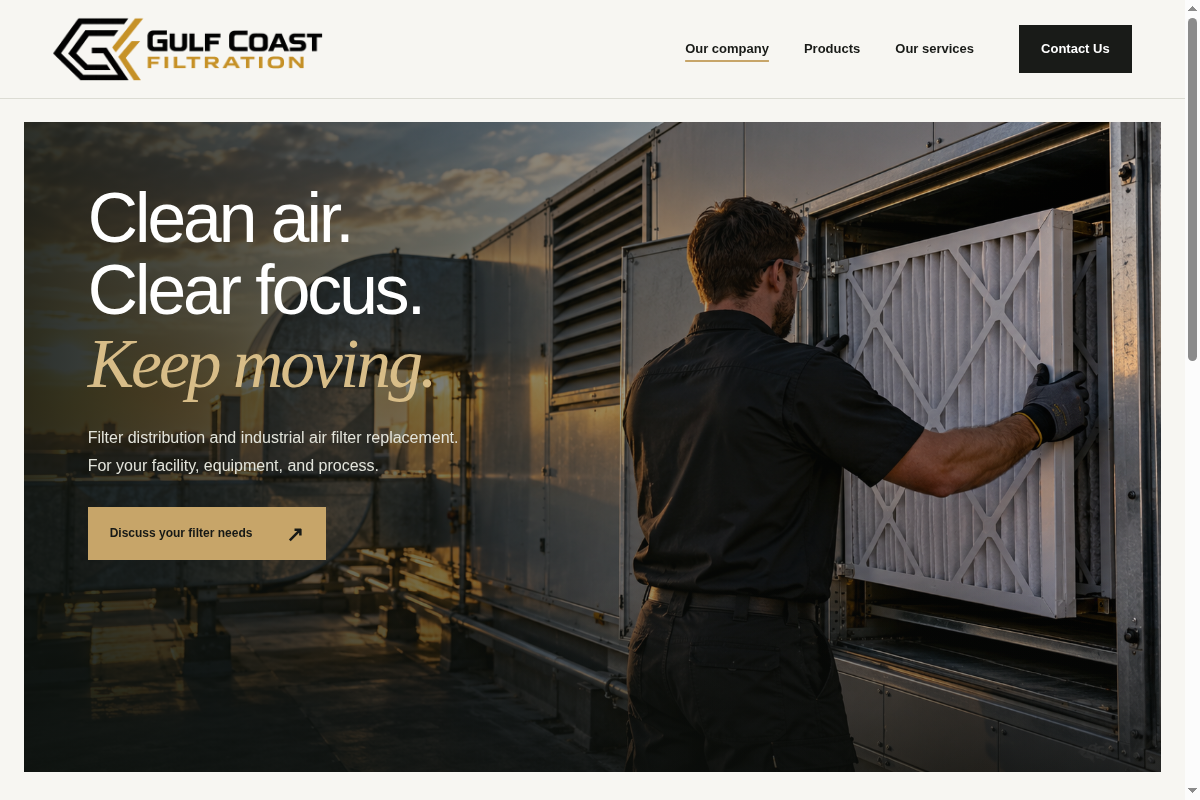 Gulf Coast Filtration website homepage, featuring its filtration products and industrial services